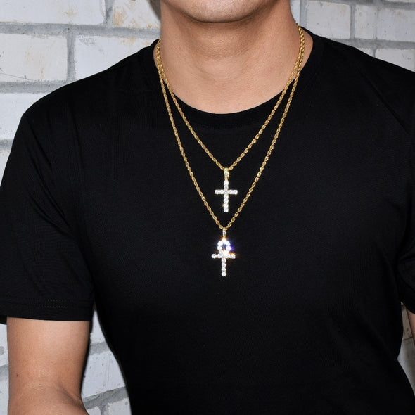 Iced Zircon Ankh Cross Necklace Set