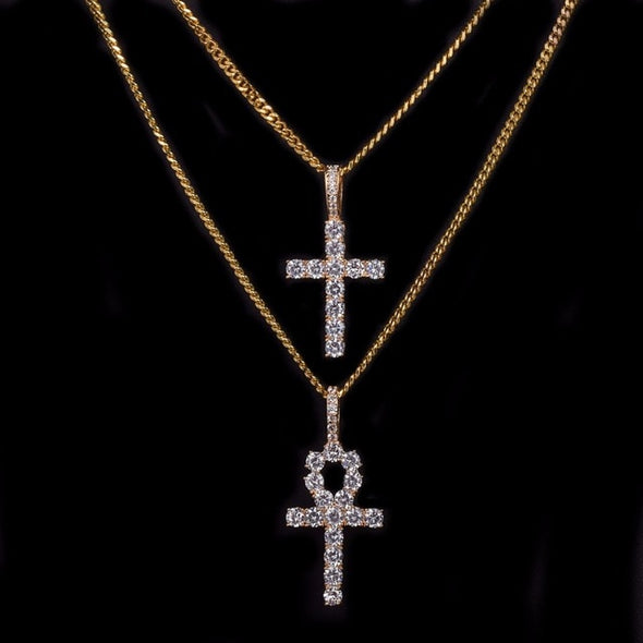 Iced Zircon Ankh Cross Necklace Set