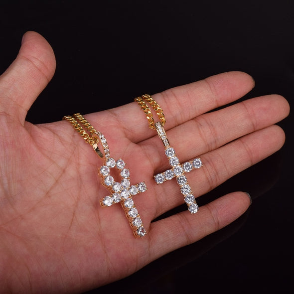 Iced Zircon Ankh Cross Necklace Set